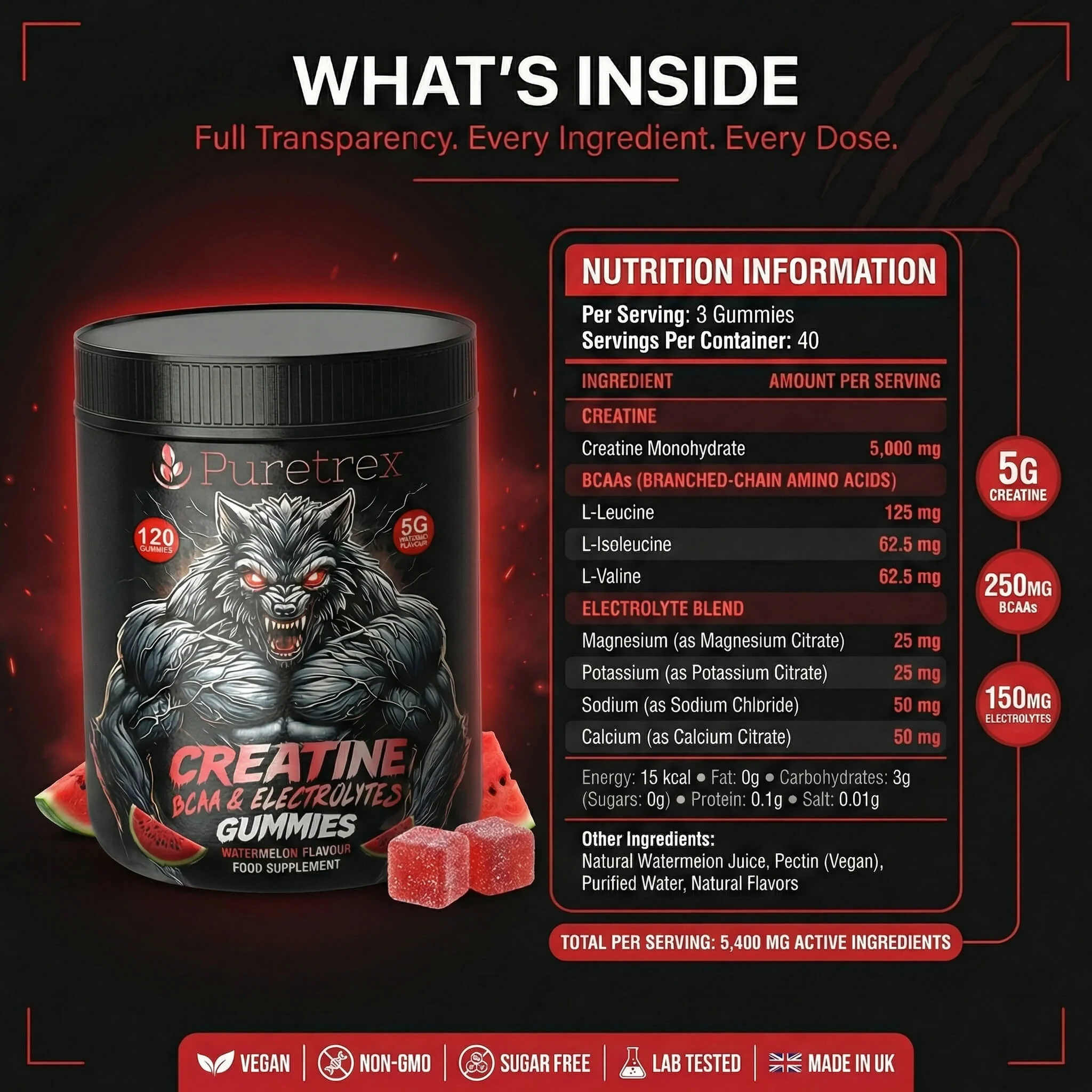 Creatine Gummies 5g – BCAA & Electrolytes Watermelon Formula - Image 4