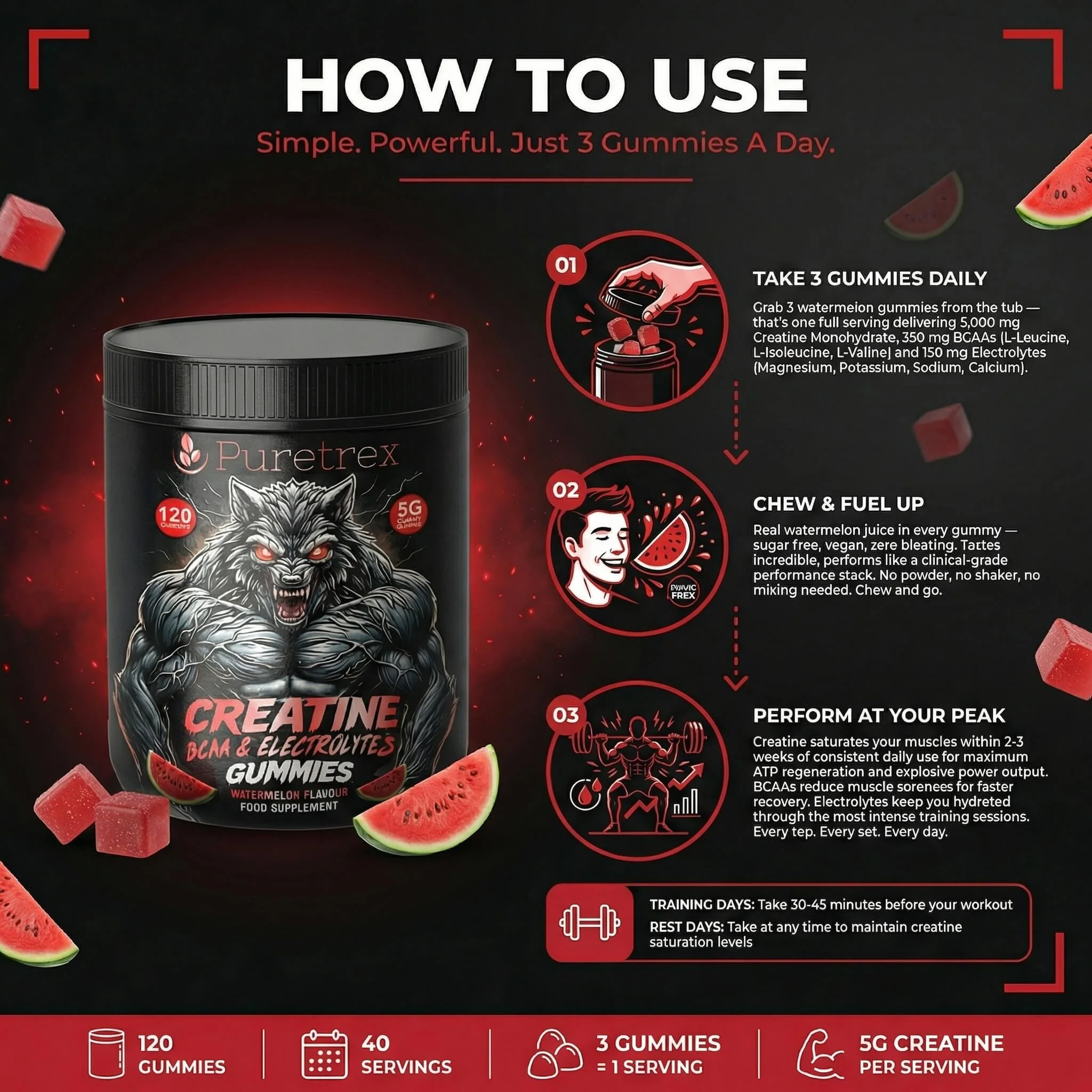 Creatine Gummies 5g – BCAA & Electrolytes Watermelon Formula - Image 6