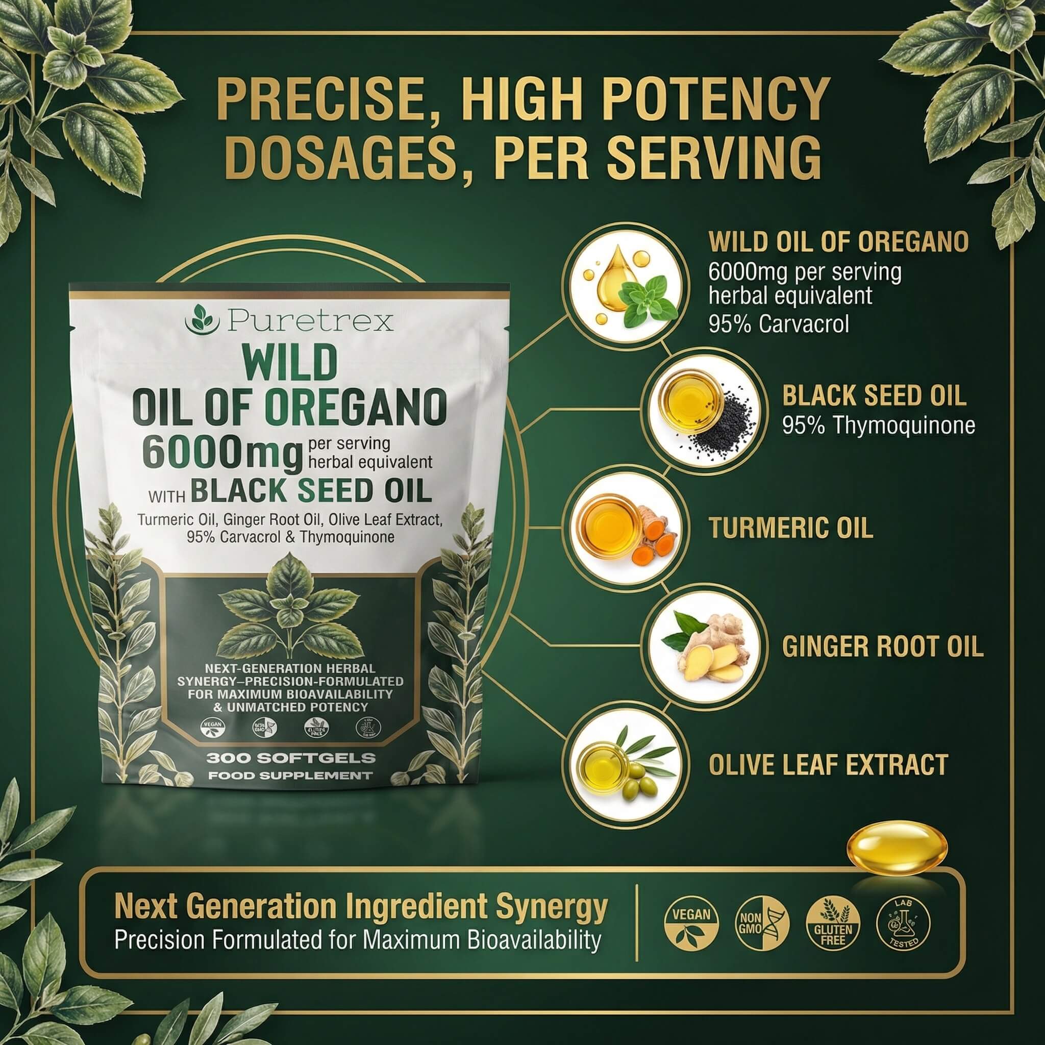 Wild Oil of Oregano 6000mg — 95% Carvacrol with Black Seed Oil | 300 Softgels - Image 3